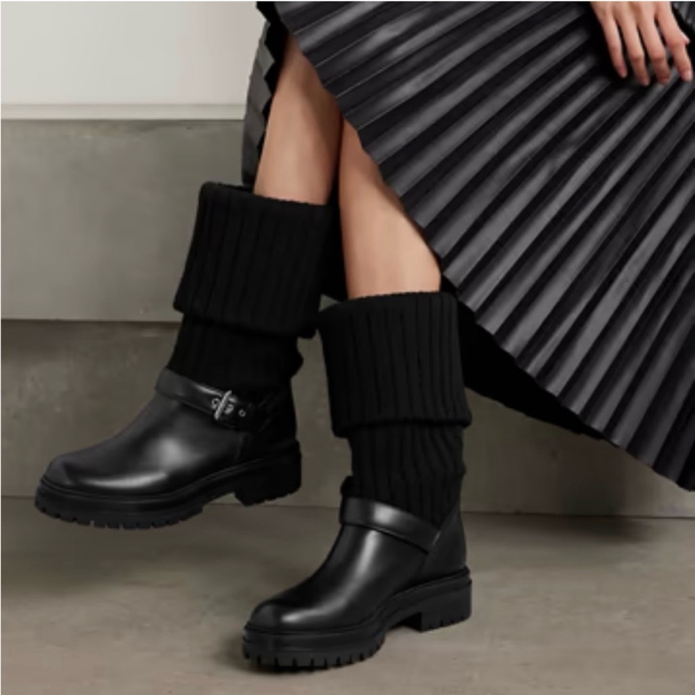 Gianvito Rossi Thurso Knit Collar Moto Combat Leather Boots